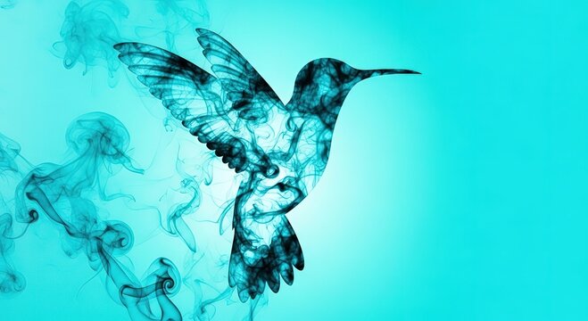 Stunning hummingbird silhouette with flowing smoke on vibrant blue background for nature lovers and bird enthusiasts, a captivating ethereal design