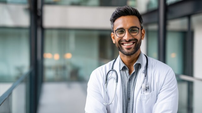 Portrait of happy friendly male Indian latin doctor medical worker wearing white coat with stethoscope around neck standing in modern private clinic looking at camera. Medical healthcare concept., no