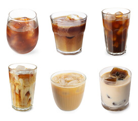 Iced coffee. Different drinks on white background, set