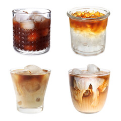 Iced coffee. Different drinks on white background, set