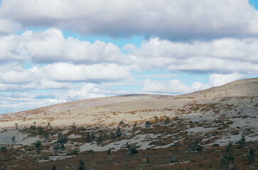 Arctic tundra landscape with clouds in Lapland Finland