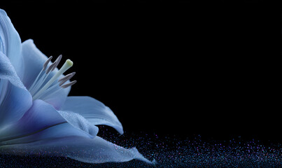 Beautiful blue flower in bloom with tiny glitter on petals and dark background for natural beauty...