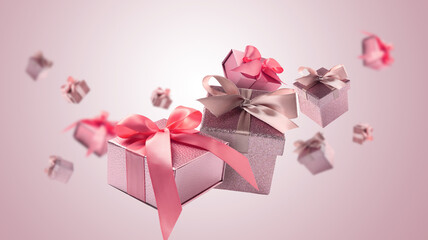 Gift boxes flying in air on pink gradient background