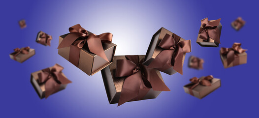 Gift boxes flying in air on blue gradient background