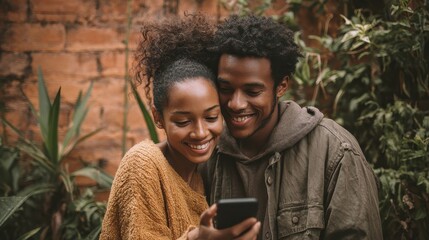 Smiling young couple embracing while looking at smartphone. Multiethnic couple sharing social media on smart phone. Smiling african girl embracing from behind her happy boyfriend while using cellphon