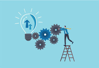 Process improvement, adjustment to improve efficiency or productivity, project progress or development to increase performance concept, businessman put gear into system to improve development process