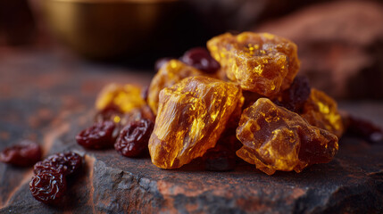 Close-up view of raw amber pieces scattered across a dark textured surface, warm golden hues glowing under soft directional lighting, rich contrast emphasizing organic textures