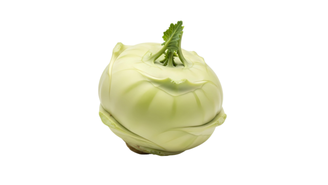 A single fresh raw green kohlrabi turnip cabbage with stems, a healthy vegetable on a transparent background