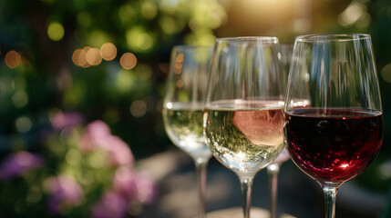 Close-up of three elegant wine glasses filled with white, red, and ros&Atilde;&copy; wine, sunlight glinting off the glass rims, outdoor setting with soft green garden bokeh