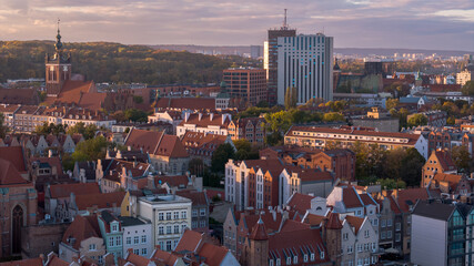 Aerial view of Gdansk historic core with St. Mary's Church and river