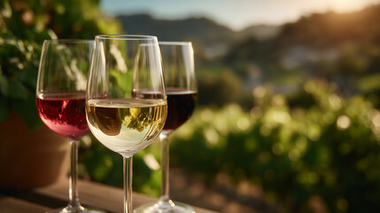 Naklejka premium Close-up of white, red, and rosÃ© wine glasses under warm afternoon light, blurred vineyard background with soft focus greenery and sunlit highlights