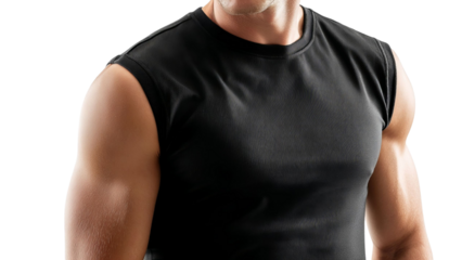 PNG of A fit male in a black sleeveless shirt showcasing muscular arms and a confident expression.