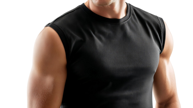 PNG of A fit male in a black sleeveless shirt showcasing muscular arms and a confident expression.