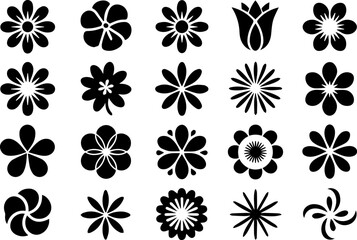 Collection of simple black flower silhouette icons and symbols