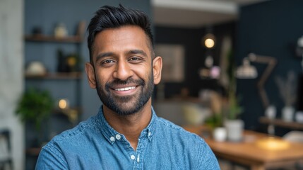 Fototapeta premium Headshot portrait of attractive confident indian Hispanic man with toothy smile looking at camera at modern living room. Latin businessman posing in casual stylish look at home office., no logos, no 