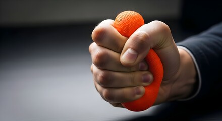 Businessman squeezing a stress ball for tension relief and anger management at his desk.