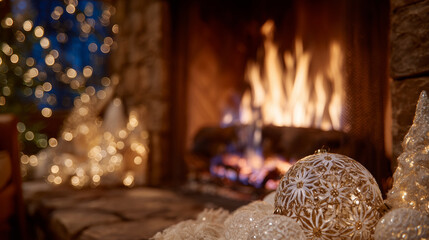 Close-up of flickering fireplace, detailed view of glowing embers and nearby Christmas decorations, gentle light reflecting off glass ornaments