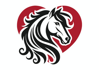Black and white horse head on red heart background