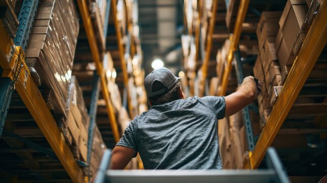 Vertical shot of ladder tilting while a worker reaches for cardboard boxes placed on a shelf in a distribution warehouse., no logos, no brands