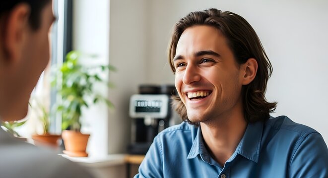 Happy businessman receiving positive feedback from a colleague in the office.
