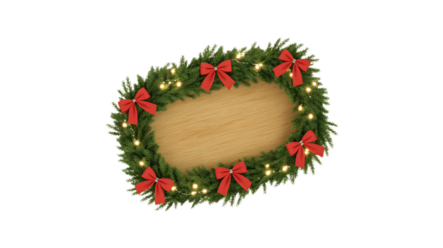 Festive christmas wreath adorned with red bows and warm twinkling lights perfect for holiday decorations isolated on transparent background - Powered by Adobe