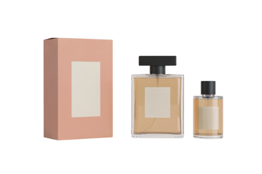 elegant perfume bottle and box set display . Isolated on transparent background, png
