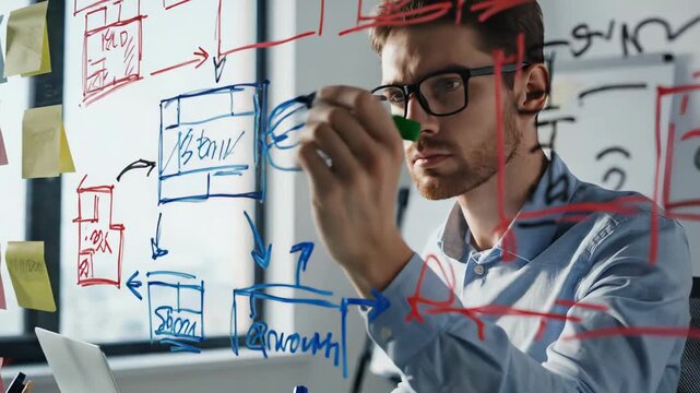 creative brainstorming session, designers crafting prototypes amidst colorful notes and screens, team analyzing concepts on transparent board with diverse tools and vibrant note surroundings