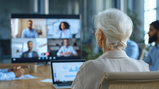 Multiethnic business team having discussion in video call. Rear view of business woman in video conference with boss and his colleagues during online meeting. Senior woman in video call with partners