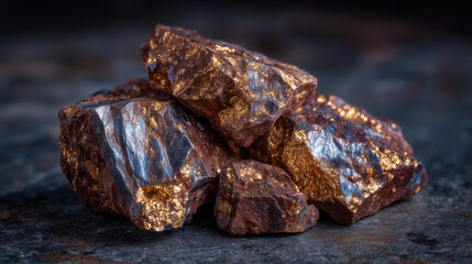Close-up of raw metallic ore fragments displayed on a dark matte background, silver and copper tones glistening under controlled studio lighting
