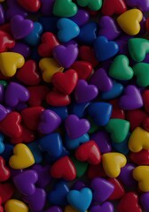 Fototapeta premium A vibrant collection of small, isolated heart shapes rendered in many different colors, perfect for themes of love, romance, and celebratory concepts ,happiness ,celebration ,love