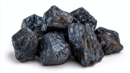 Obraz premium Detailed macro photograph of rough hematite stones, deep gray metallic sheen glistening against pure white backdrop