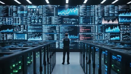 analyst examines system, professional reviews live data dashboards, expert observes realtime system performance metrics, technician surveys server activity and performance figures in control