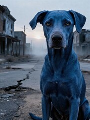 A haunting blue dog sits stoically on a cracked road in a desolate, abandoned town, evoking the Chernobyl legend.