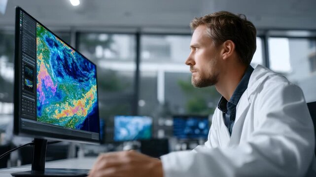 Male researcher in white lab coat studies vibrant meteorological data displayed on desktop screen. Laboratory setting emphasizes technology, climate science, data driven environmental analysis