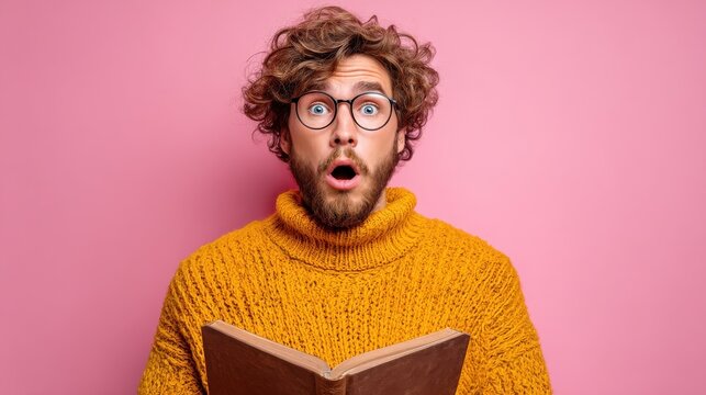Waist up shot of handsome frightened young male has stupefied facial expression, holds old textbook, has appealing look, wears spectacles, dressed in warm sweater, stands against pink background, no 