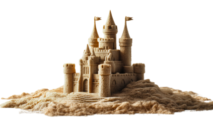 A detailed sandcastle with towers and walls, a beautiful sand sculpture isolated on a white background, a concept of a summer beach vacation, a child's hobby and creative play.