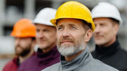 Mature construction worker with yellow hard hat stands confidently in front of team, showcasing teamwork and leadership in a construction site environment, emphasizing safety and professionalism in th