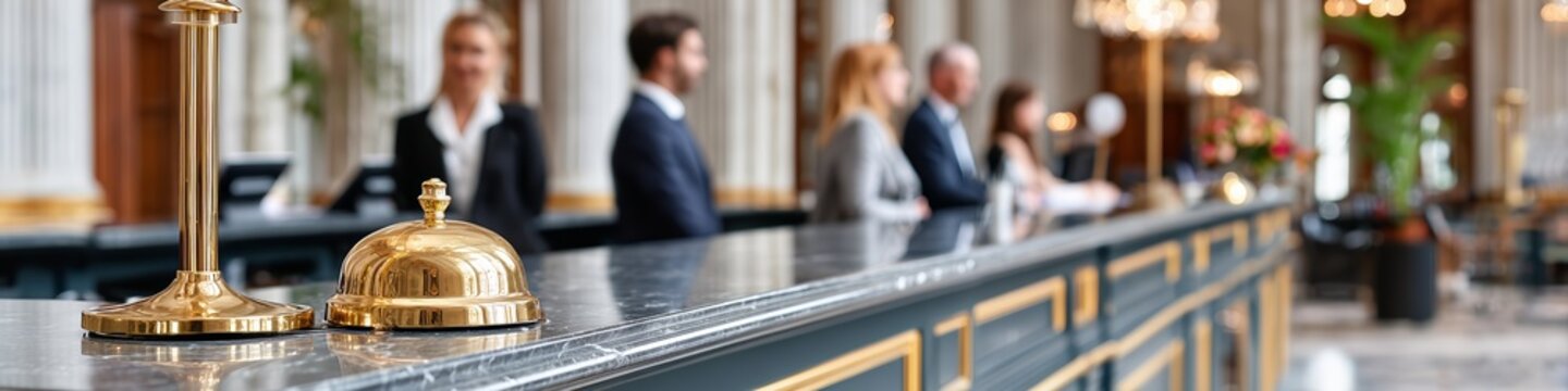 Golden service bell on a marble reception desk in a luxury hotel lobby with staff and guests in the background. Hospitality and accommodation concept.