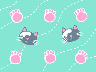 Hand drawn cat and paw prints pattern