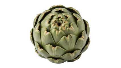 A fresh green whole artichoke vegetable with a closed top view, isolated on a transparent background