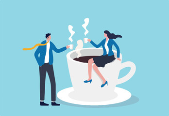 Coffee break, business discussion while having coffee or brainstorming after meeting break concept, businessman and businesswoman colleague take a break having coffee and have a chat.
