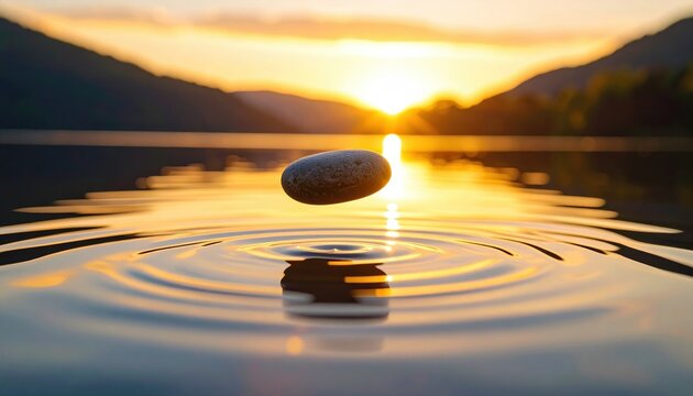 Smooth stone skipping over calm lake water at sunset creating ripples symbolizing peace balance and mindfulness in nature