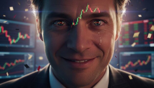 Smiling trader watching volatile stock market chart reflected in his eyes showing emotional highs and lows of financial speculation and risk taking in modern economy