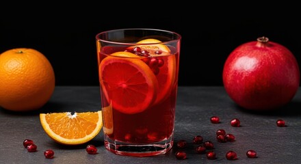 Vibrant red-orange juice in a glass, a refreshing blend of sweet pomegranate and tangy orange slices for a healthy drink ,nutriente ,food ,drink
