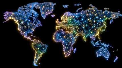 Global financial map illuminated with interconnected blockchain nodes, vibrant neon circuits symbolizing transparency and efficiency across continents