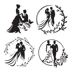 Wedding Couple Silhouette Vector Set — Black and White Romantic Illustrations Framed with Floral and Leafy Decorative Wreaths