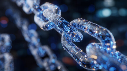 Digital close-up of blockchain blocks locking together with metallic precision, glowing blue circuits symbolizing secure transactions in modern finance