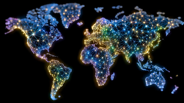 Global financial map illuminated with interconnected blockchain nodes, vibrant neon circuits symbolizing transparency and efficiency across continents
