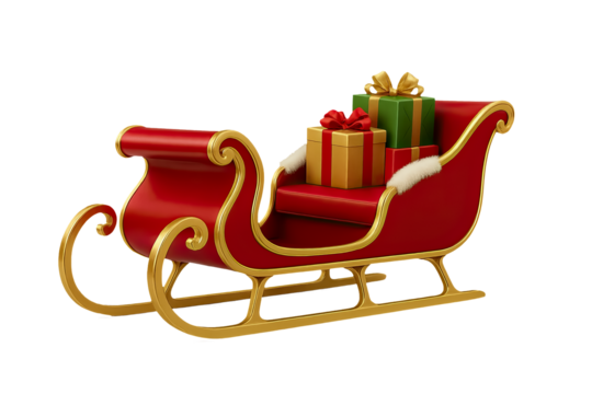 Luxurious red and gold Santa Christmas sleigh with stacked gifts Cutout Transparent PNG