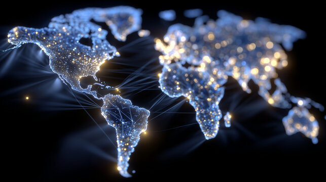 A holographic world map showing financial networks transformed into blockchain nodes, bright data lines connecting decentralized global systems